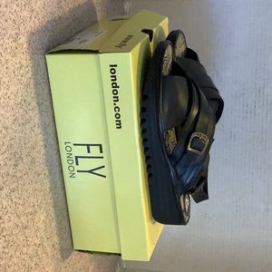 FLY London Leather Bridle Black Wedge Sandal sz 40